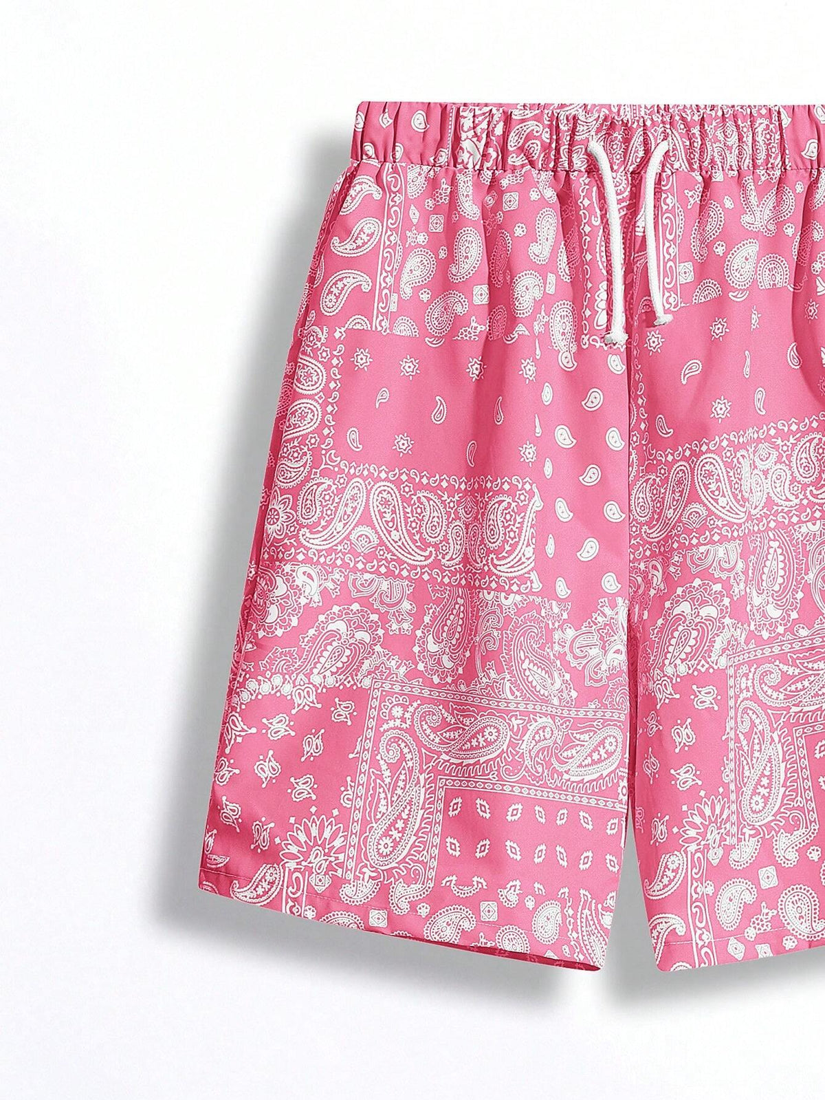 2Pcs Teen Boys' Casual Fit Paisley Pattern Full Print Shorts with Blue and Black Drawstring, Summer