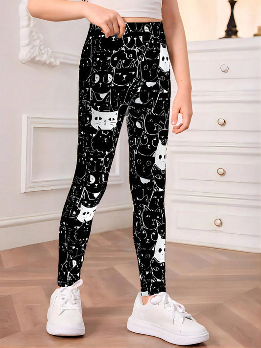 1Pc Girls Cartoon Cat Print Black & White Leggings, Autumn/Winter