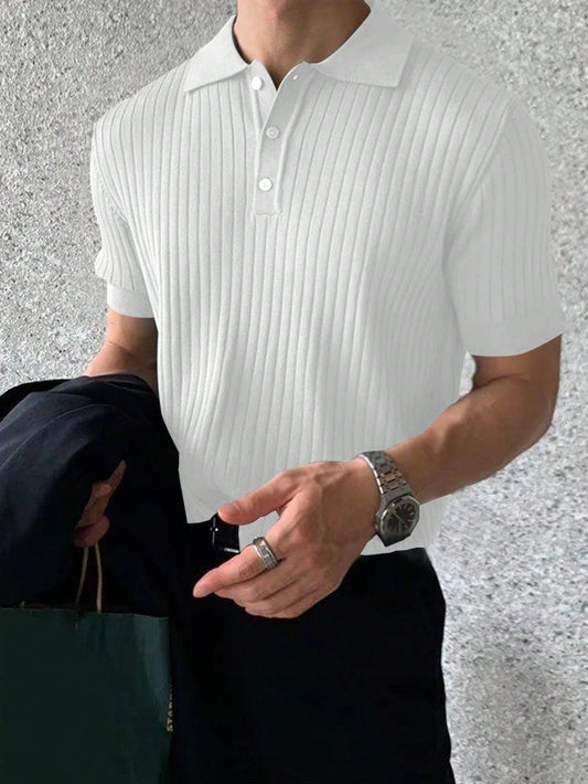 Manfinity Homme Men Ribbed Knit Vacation Plain Casual Quarter Button Polo Shirt, for Husband, Old Money Style