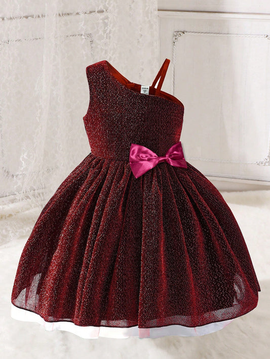 Young Girl Asymmetrical Neckline Sleeveless Princess Style Tulle Dress with Bow Decoration, Perfect for Party in Autumn