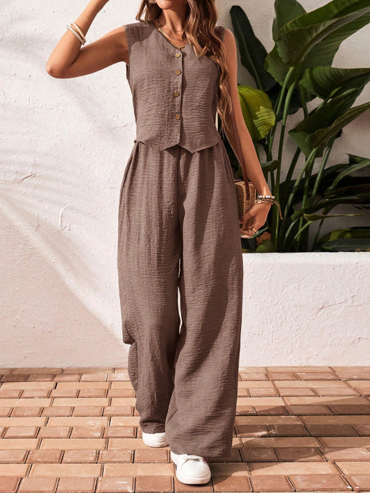 Frenchy 2Pcs/Set Vacation Casual Solid Color Button Front Top and Pants Set Brown Summer Holiday Resort