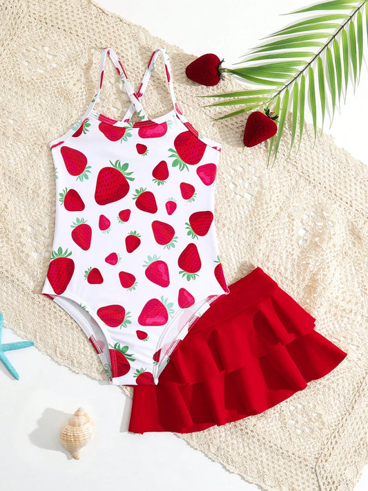 Young Girl One-Piece Swimsuit Set with Skirt, Cute Strawberry Print, Adjustable Shoulder Strap, Beach Summer Summer Holiday