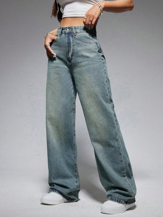 ICON Washed Wide-Leg Jeans with Slanted Pockets Baggy Jeans Y2K