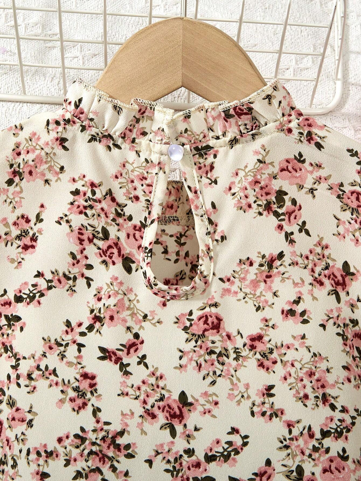 2Pcs/Set Tween Girl Floral Print Frill Trim Top and Pants