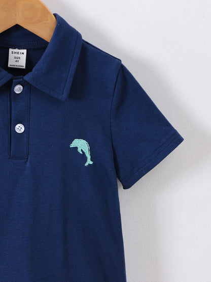 Young Boy 2Pcs/Set Casual Knitted Short Sleeve Polo Shirt & Shorts with Dolphin Embroidery for Summer