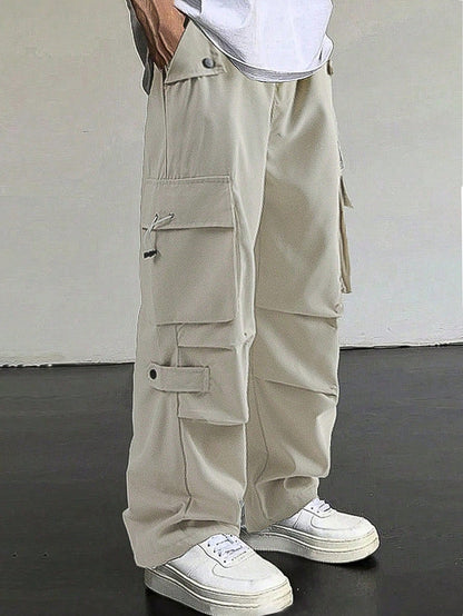 Manfinity Homme Men'S Flap Pocket Drawstring Waist Cargo Pants Baggy Long Plain Going Out, for Fall