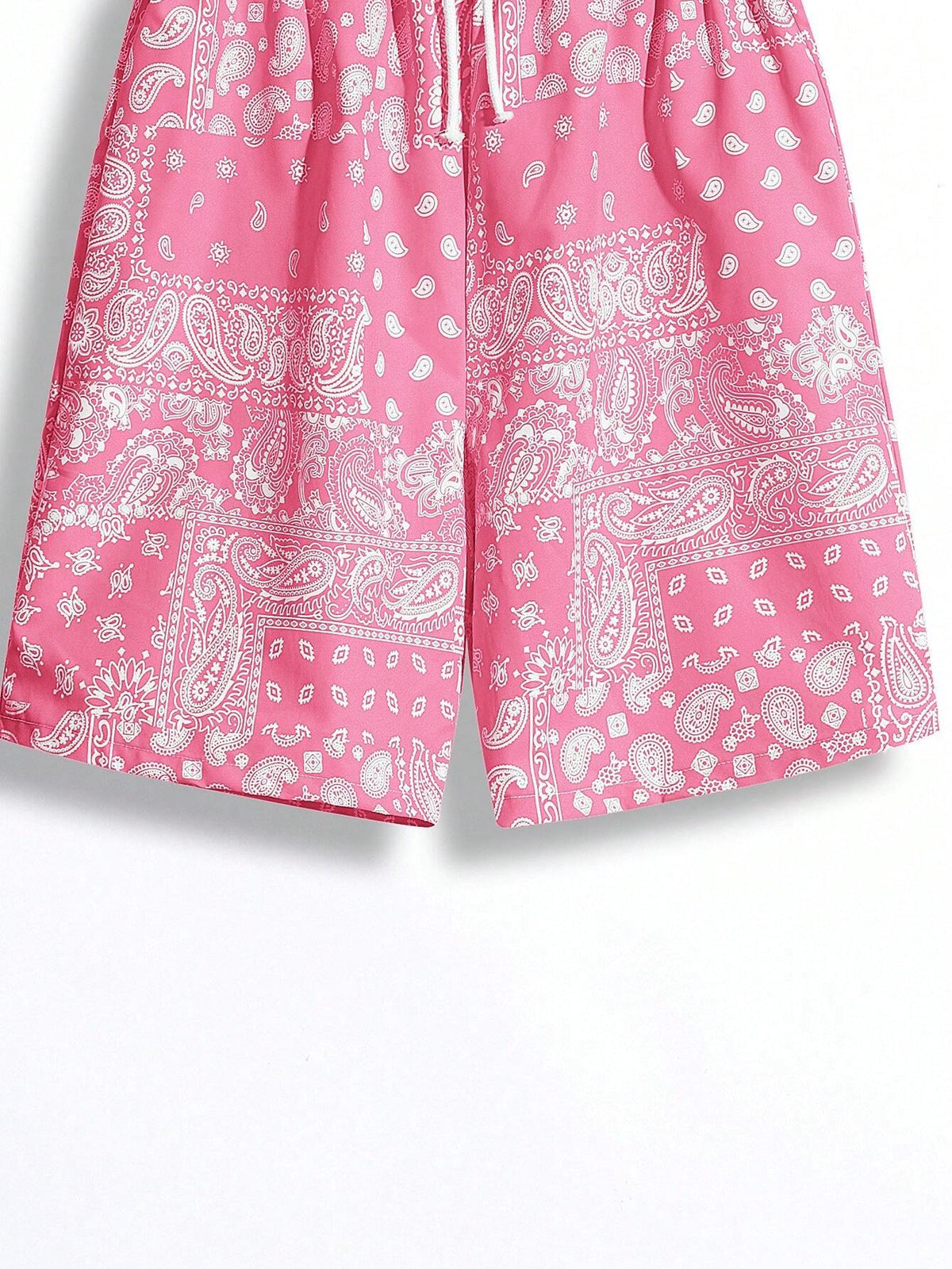 2Pcs Teen Boys' Casual Fit Paisley Pattern Full Print Shorts with Blue and Black Drawstring, Summer