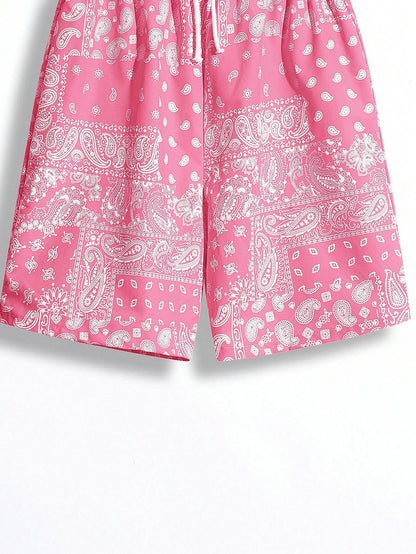 2Pcs Teen Boys' Casual Fit Paisley Pattern Full Print Shorts with Blue and Black Drawstring, Summer