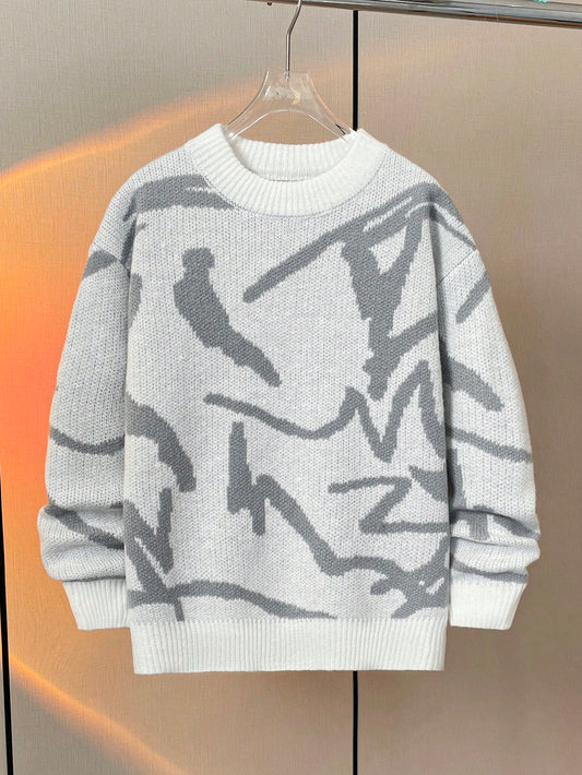 Kids Tween Boy Graffiti Mottled Textured Crew Neck Autumn Sweater, Suitable for Winter, Travel and School