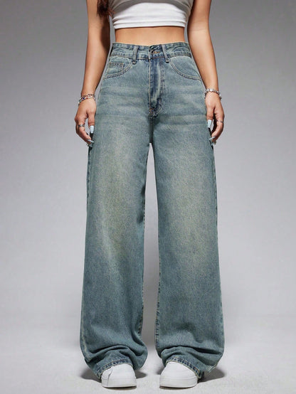ICON Washed Wide-Leg Jeans with Slanted Pockets Baggy Jeans Y2K