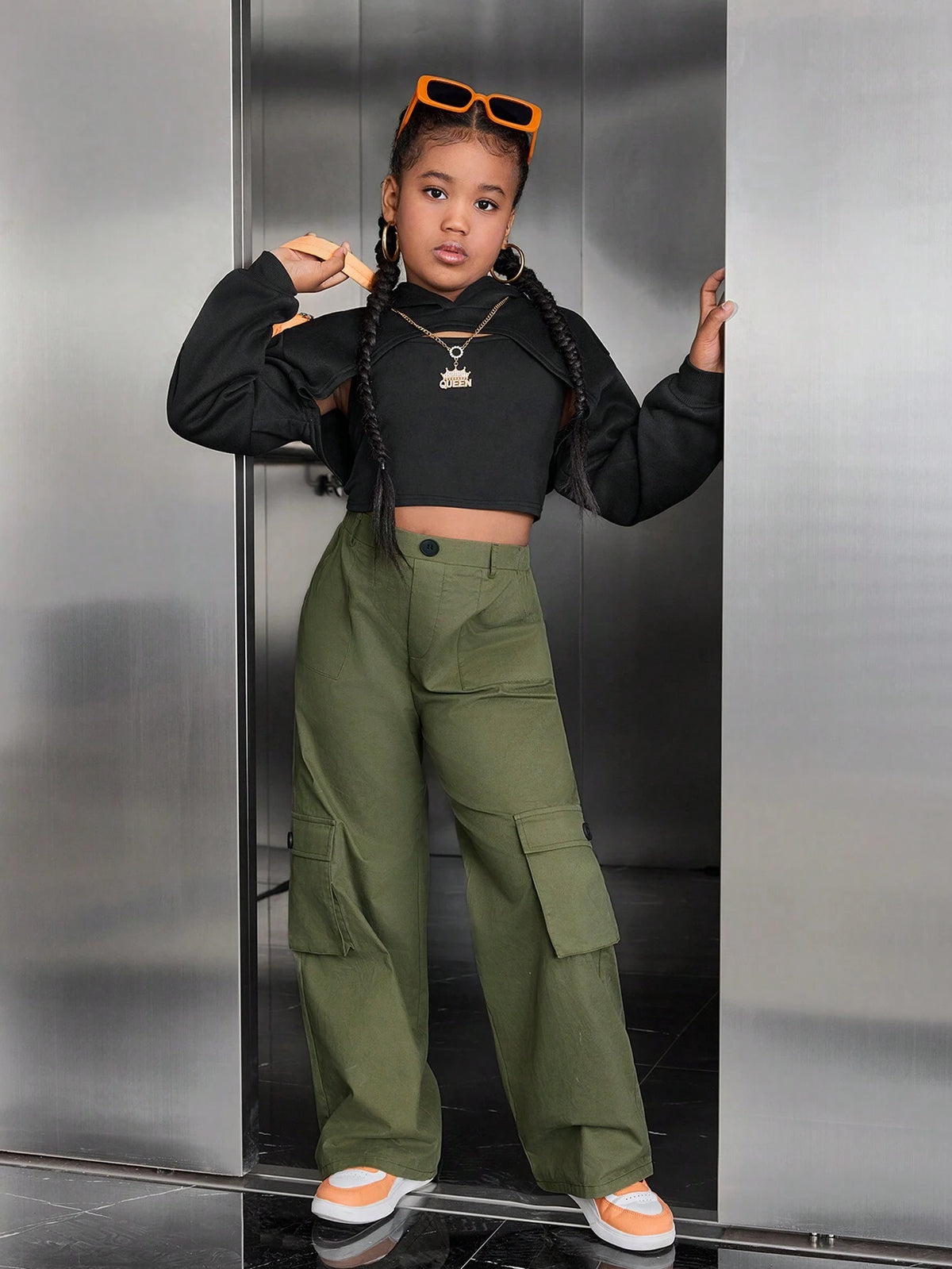 Leap Crew Tween Girl Casual Street Matching Set: Hooded Crop Sweatshirt + Camisole + Thermal Lined Pants, 3Pcs Set