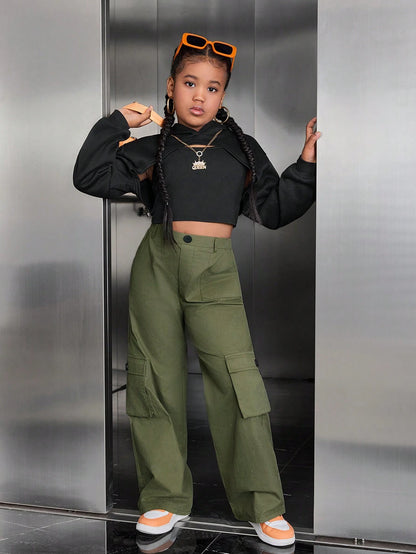 Leap Crew Tween Girl Casual Street Matching Set: Hooded Crop Sweatshirt + Camisole + Thermal Lined Pants, 3Pcs Set