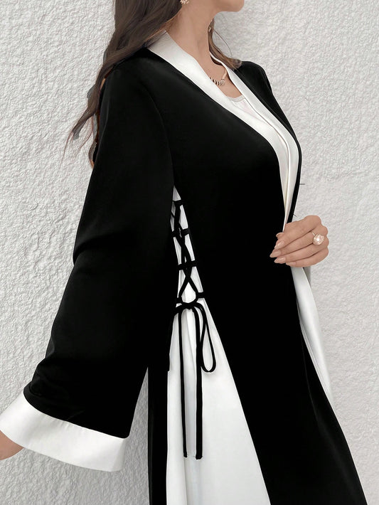 Yasmyna Women'S Color Block Modest Arabian Robe Abaya with Lace Up, Open Front Casual Elegant Long Sleeve Loose Abaya for Casual Daily/Home/Office/Travel/Holiday/Party/School