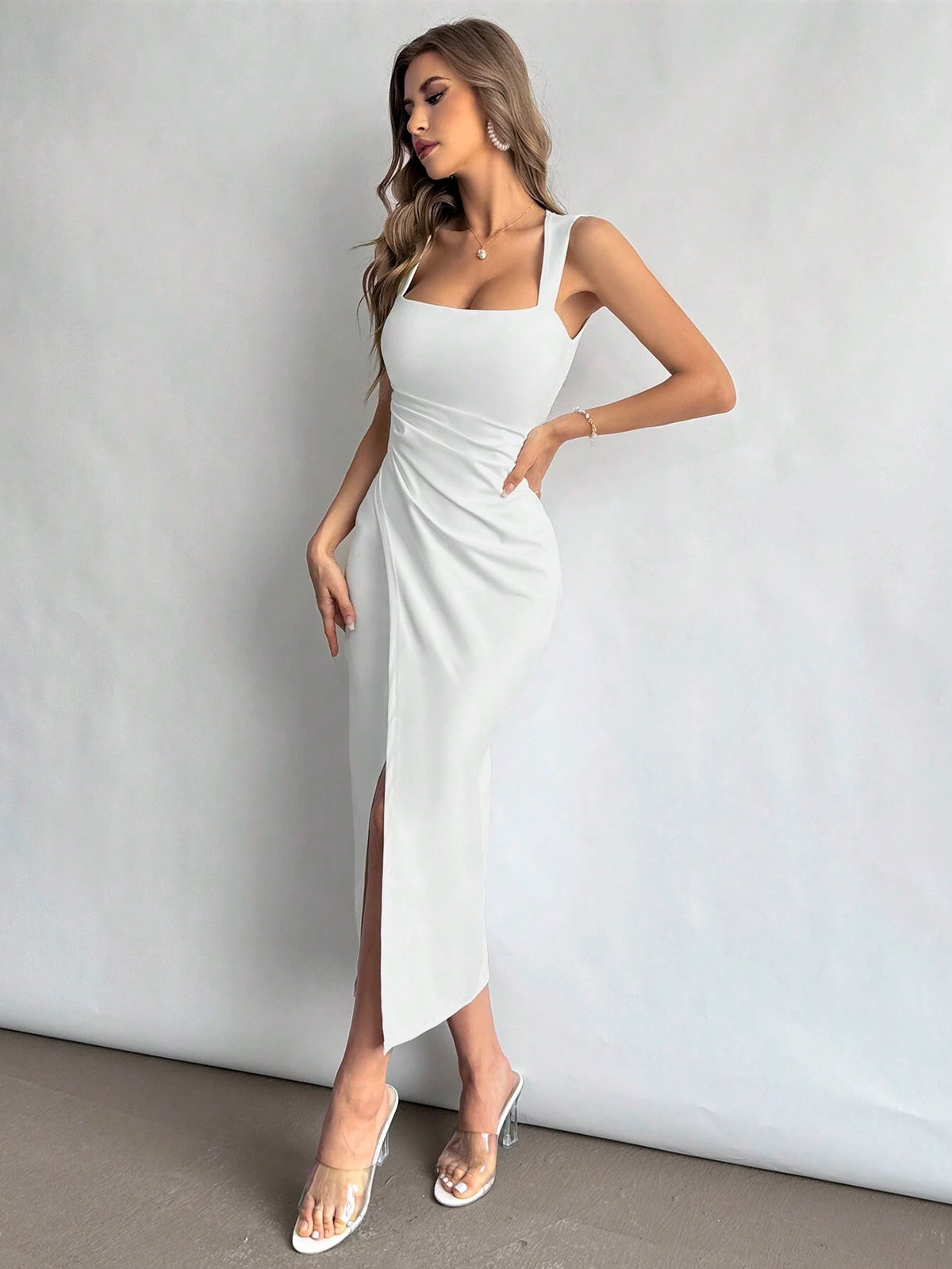 Firerie Women Square Neckline Ruched Waist Slit Dress,White Summer Elegant Seductive Party Dress,Suitable for Vacation,Wedding Season,Tea Graduation Dress
