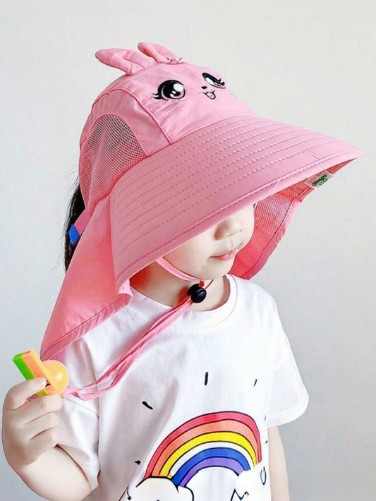 Summer Cute Cartoon Wide Brim Sun Hat for Toddler Boys and Girls, UV Protection Cap with Whistle