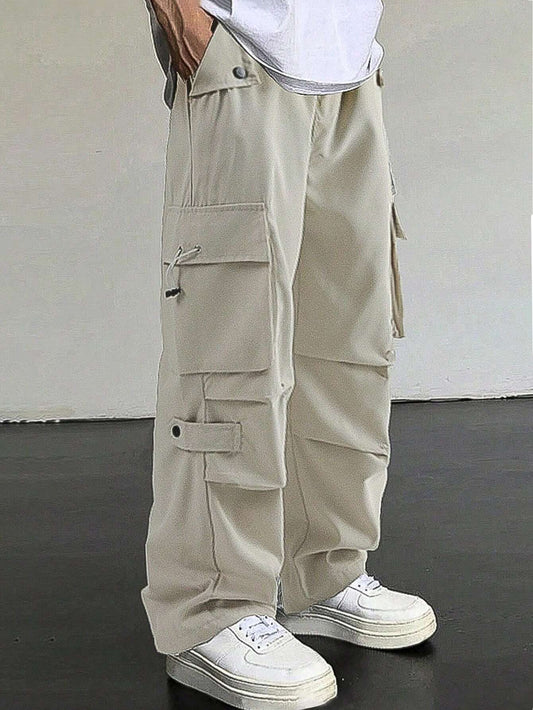 Manfinity Homme Men'S Flap Pocket Drawstring Waist Cargo Pants Baggy Long Plain Going Out, for Fall
