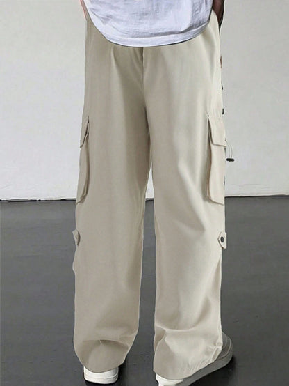 Manfinity Homme Men'S Flap Pocket Drawstring Waist Cargo Pants Baggy Long Plain Going Out, for Fall