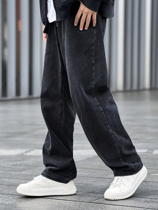 Quarkem Loose Fit Men'S Solid Color Jeans with Slant Pockets