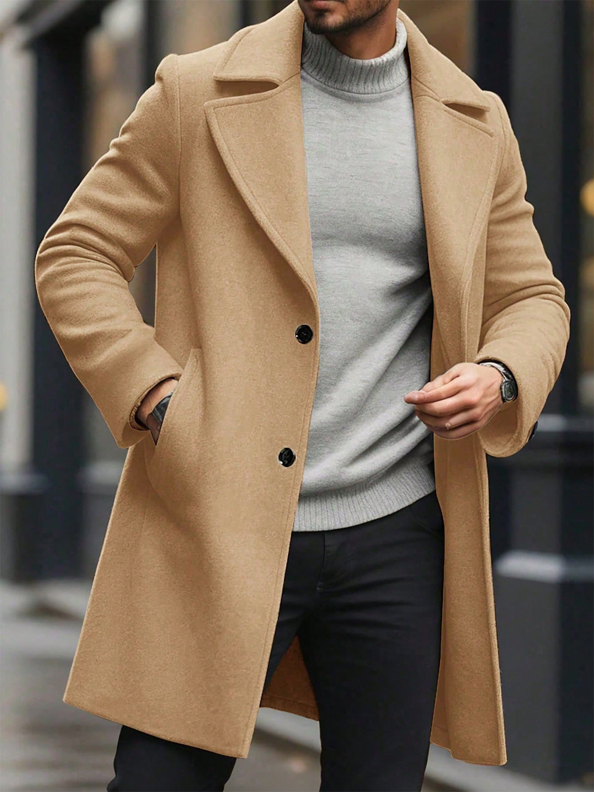 Manfinity Mode Men'S Solid Color Pocket & Button Front Long Sleeve Overcoat, Autumn Fall, Winter