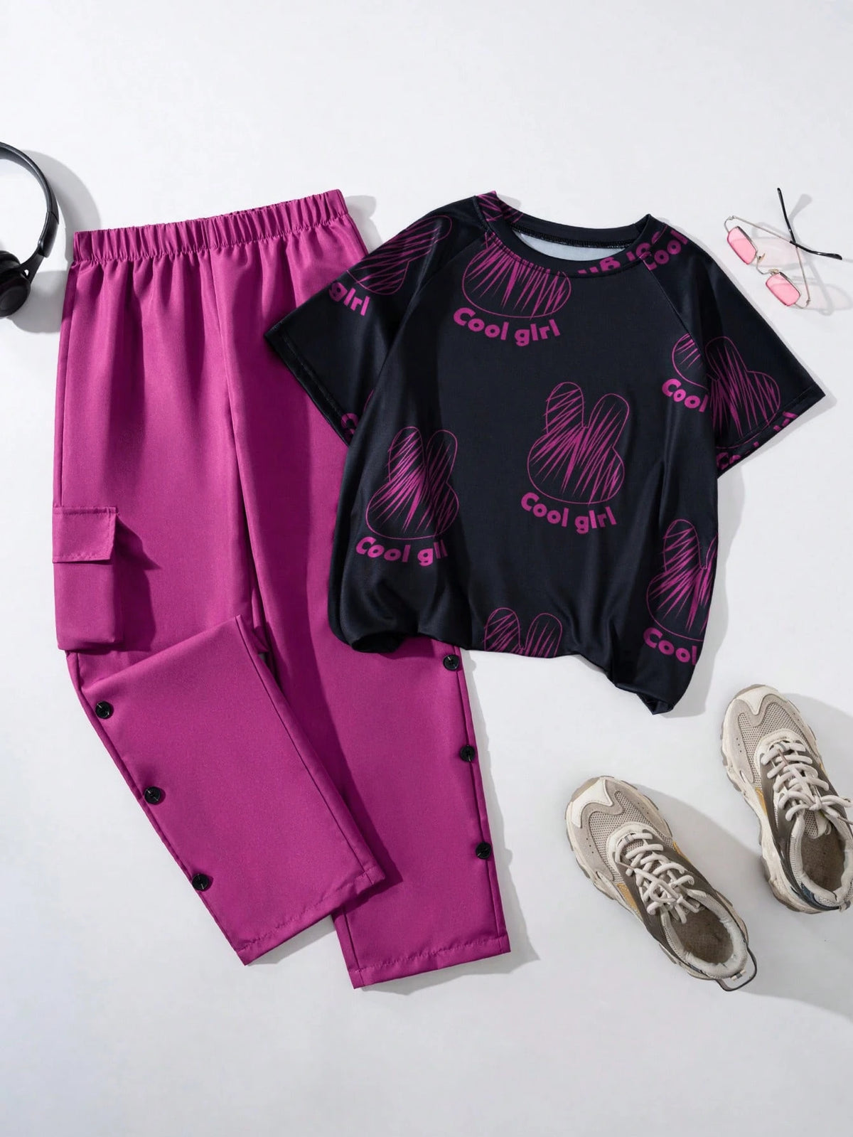 Tween Girl Cool Printed T-Shirt & Fashionable 3D Work Pants, Dark Pink