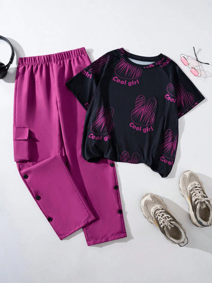 Tween Girl Cool Printed T-Shirt & Fashionable 3D Work Pants, Dark Pink