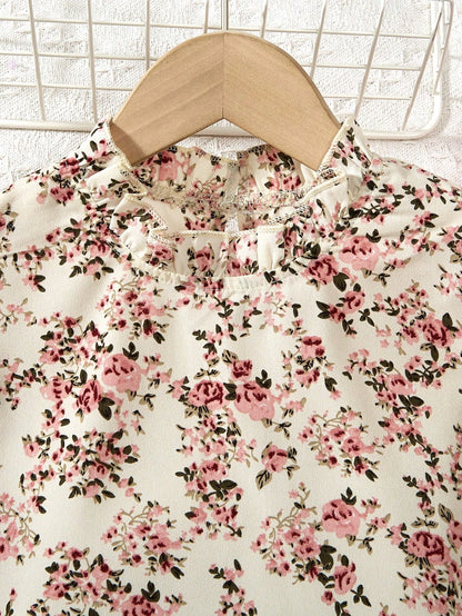 2Pcs/Set Tween Girl Floral Print Frill Trim Top and Pants
