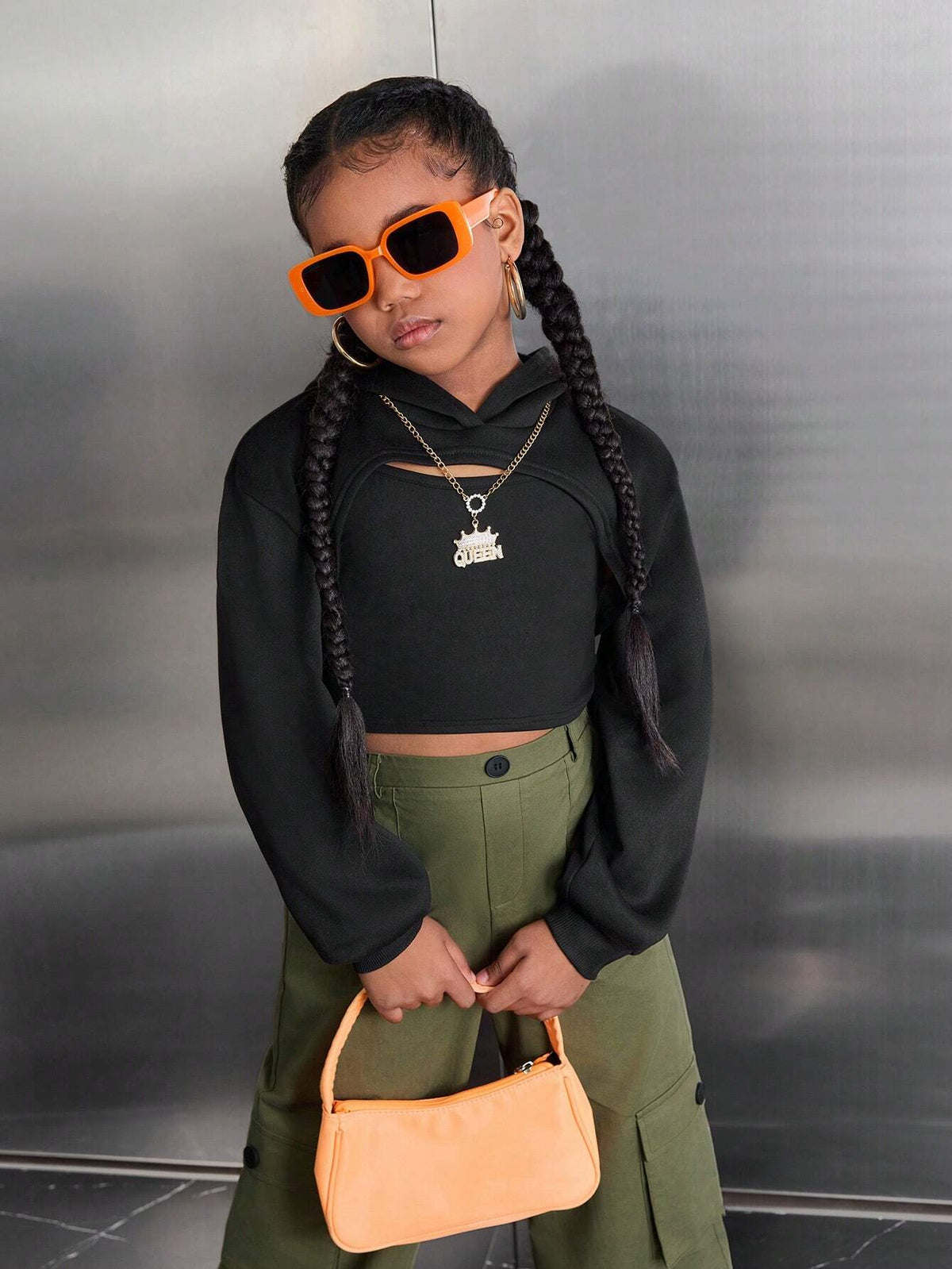 Leap Crew Tween Girl Casual Street Matching Set: Hooded Crop Sweatshirt + Camisole + Thermal Lined Pants, 3Pcs Set