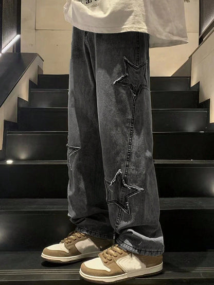 ROMWE MEN Anime Spring Casual Graphic Men Loose Wide Leg Baggy Jeans with Star Patterned Patches
