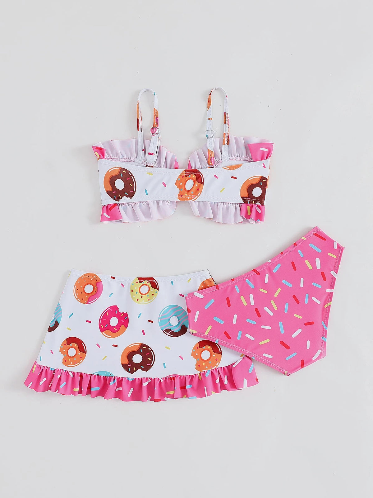 Young Girl Donuts Print Frill Trim Knot Front Bikini Set with Beach Skirt Summer Beach Summer Holiday
