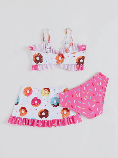 Young Girl Donuts Print Frill Trim Knot Front Bikini Set with Beach Skirt Summer Beach Summer Holiday