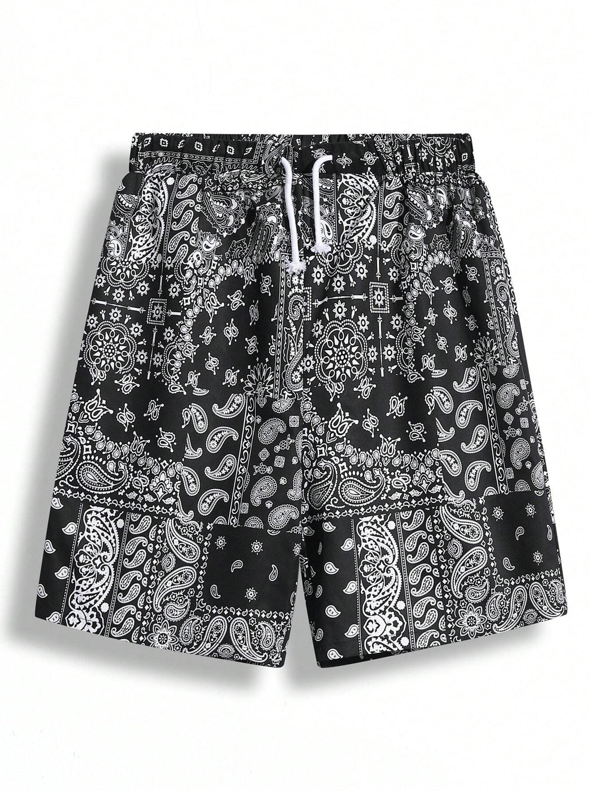 2Pcs Teen Boys' Casual Fit Paisley Pattern Full Print Shorts with Blue and Black Drawstring, Summer