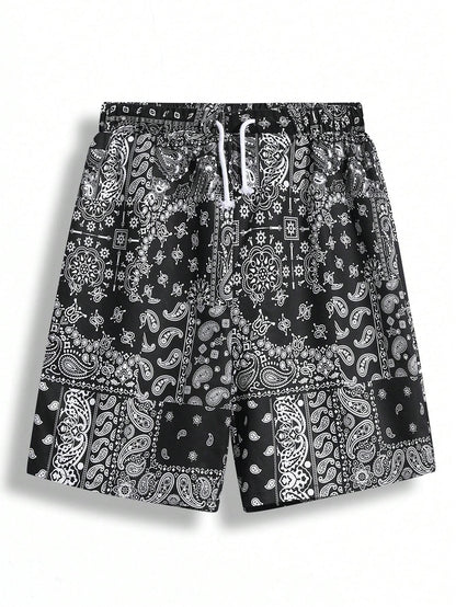 2Pcs Teen Boys' Casual Fit Paisley Pattern Full Print Shorts with Blue and Black Drawstring, Summer