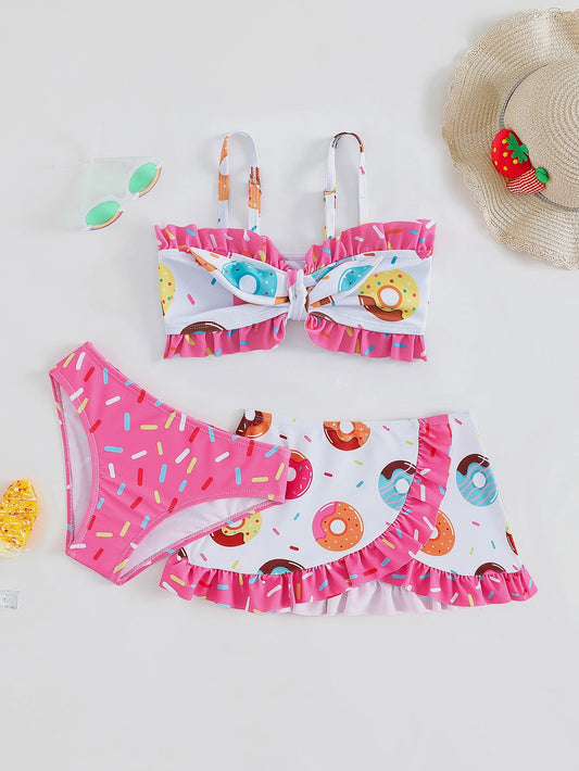 Young Girl Donuts Print Frill Trim Knot Front Bikini Set with Beach Skirt Summer Beach Summer Holiday