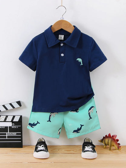 Young Boy 2Pcs/Set Casual Knitted Short Sleeve Polo Shirt & Shorts with Dolphin Embroidery for Summer