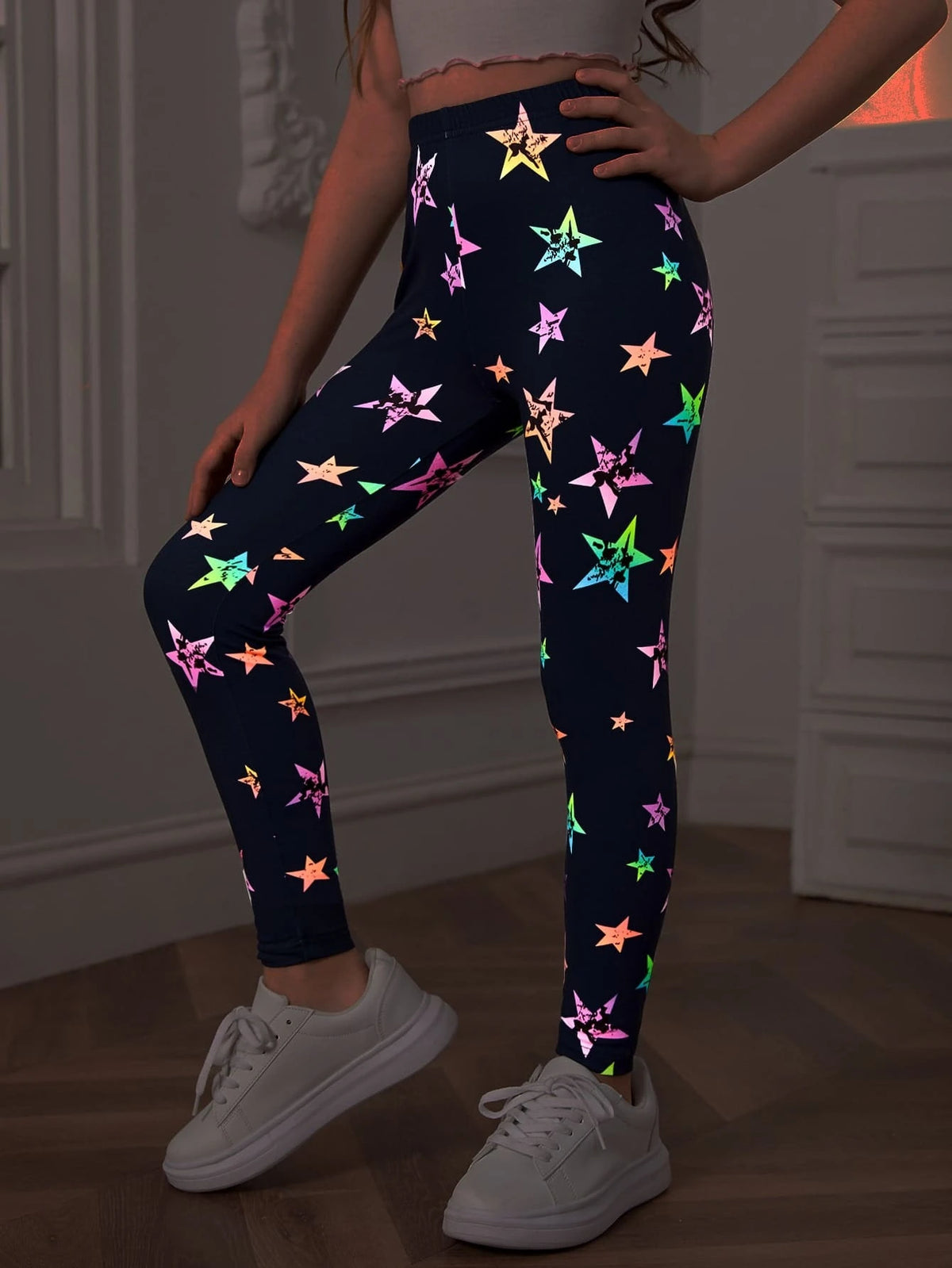 Tween Girl Comfortable Colorful Star Print Knitted Leggings, Tween