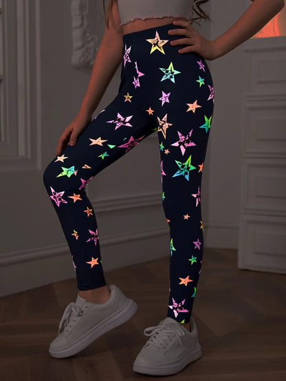 Tween Girl Comfortable Colorful Star Print Knitted Leggings, Tween