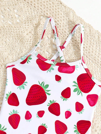 Young Girl One-Piece Swimsuit Set with Skirt, Cute Strawberry Print, Adjustable Shoulder Strap, Beach Summer Summer Holiday