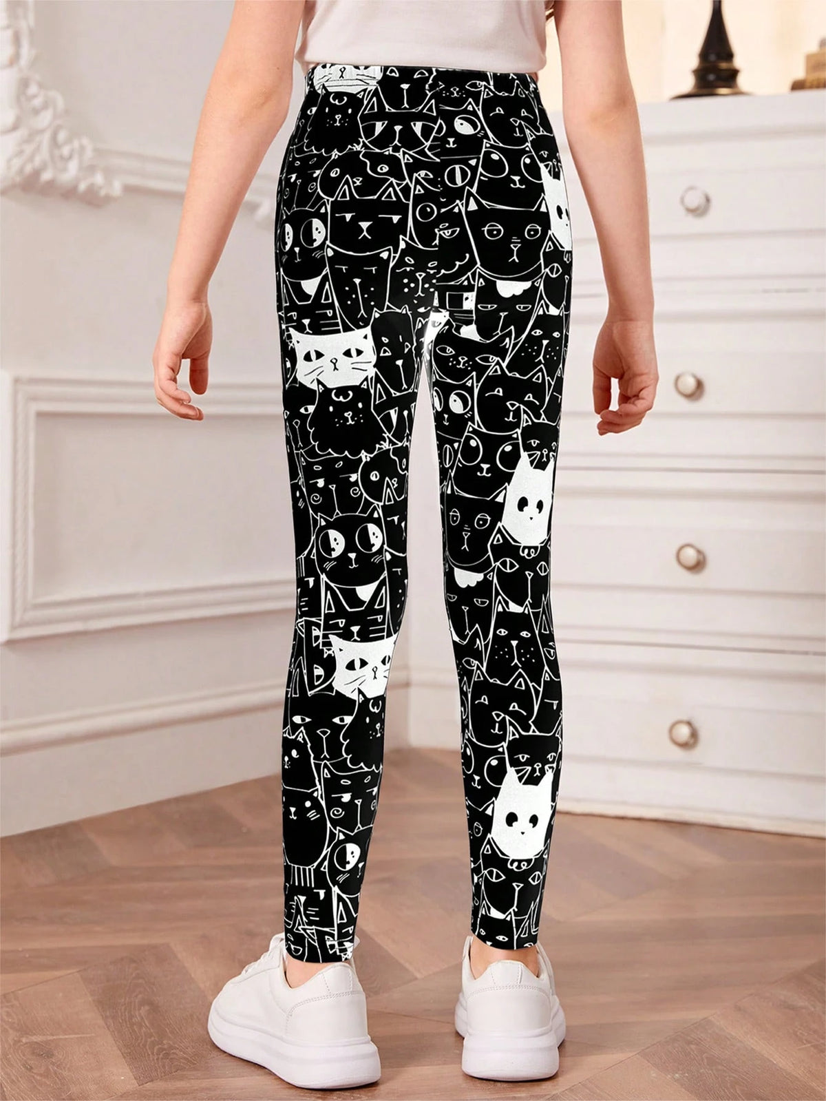 1Pc Girls Cartoon Cat Print Black & White Leggings, Autumn/Winter