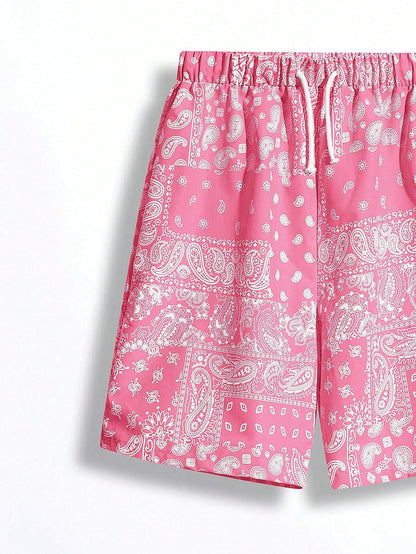 2Pcs Teen Boys' Casual Fit Paisley Pattern Full Print Shorts with Blue and Black Drawstring, Summer