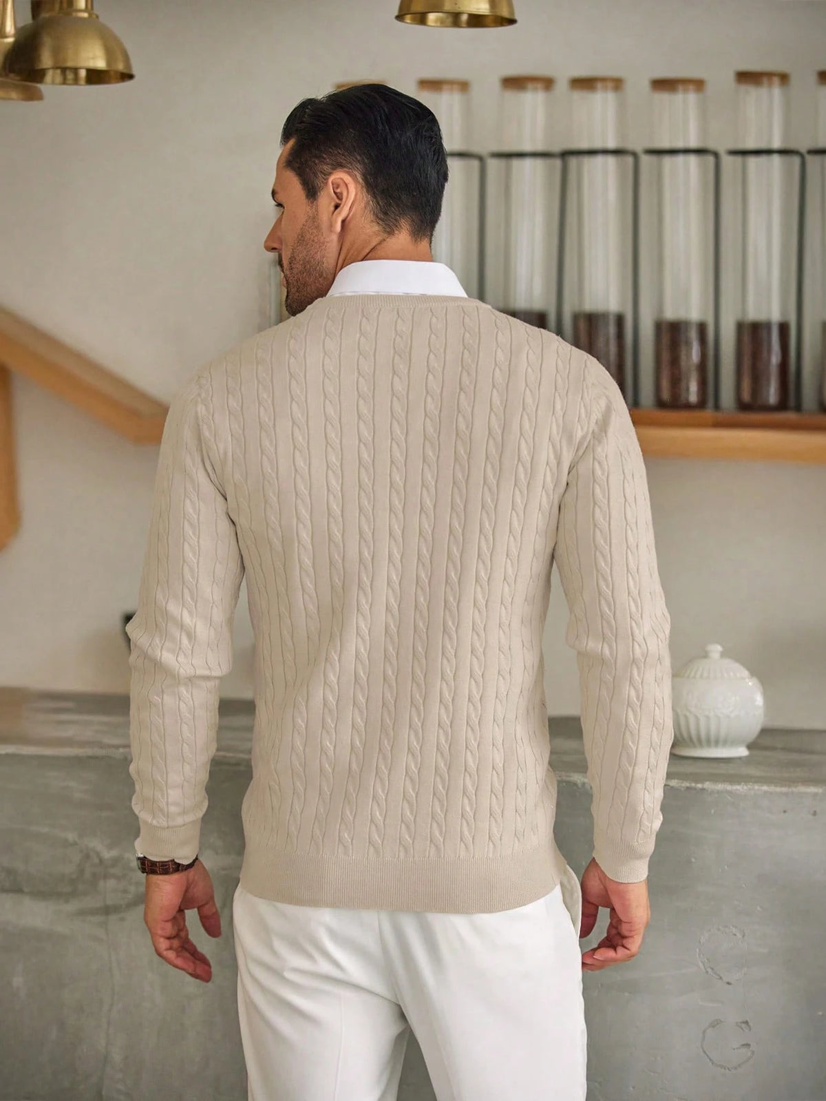 Men'S Solid Color Cable Knit Sweater