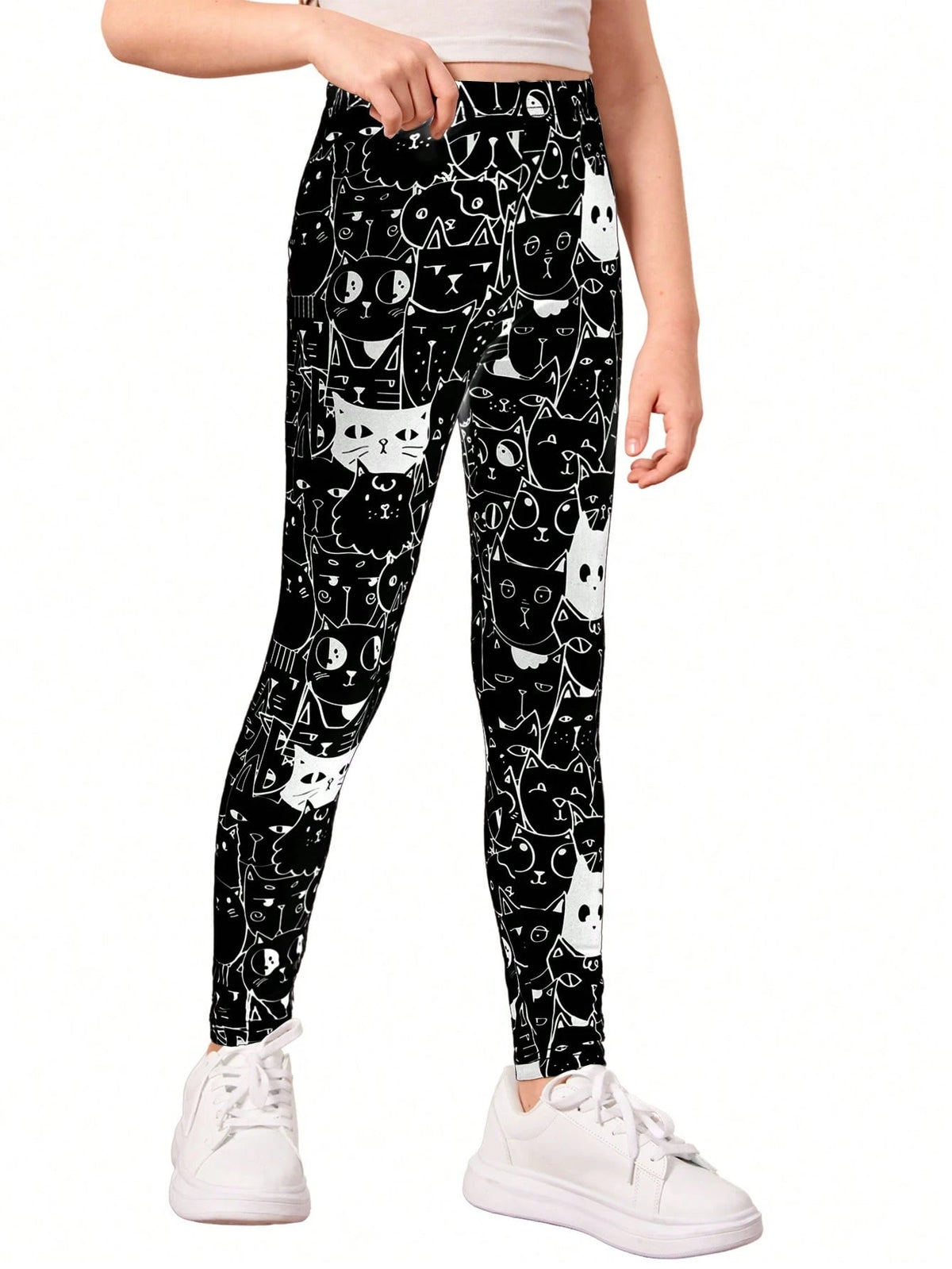 1Pc Girls Cartoon Cat Print Black & White Leggings, Autumn/Winter