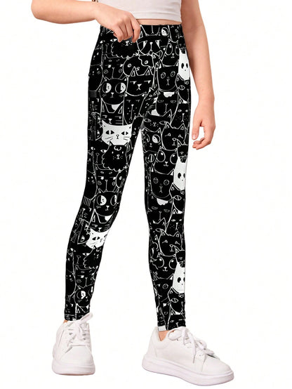 1Pc Girls Cartoon Cat Print Black & White Leggings, Autumn/Winter
