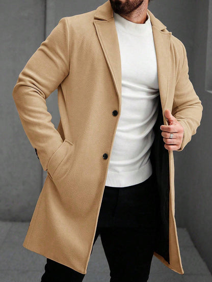 Manfinity Mode Men'S Solid Color Pocket & Button Front Long Sleeve Overcoat, Autumn Fall, Winter