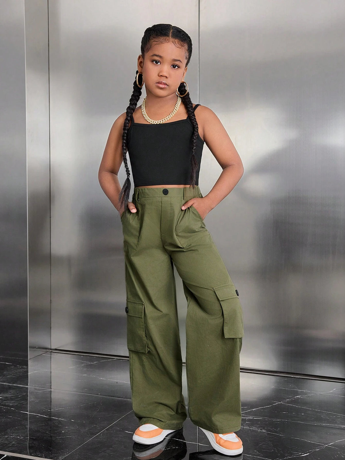 Leap Crew Tween Girl Casual Street Matching Set: Hooded Crop Sweatshirt + Camisole + Thermal Lined Pants, 3Pcs Set
