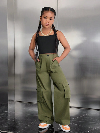 Leap Crew Tween Girl Casual Street Matching Set: Hooded Crop Sweatshirt + Camisole + Thermal Lined Pants, 3Pcs Set