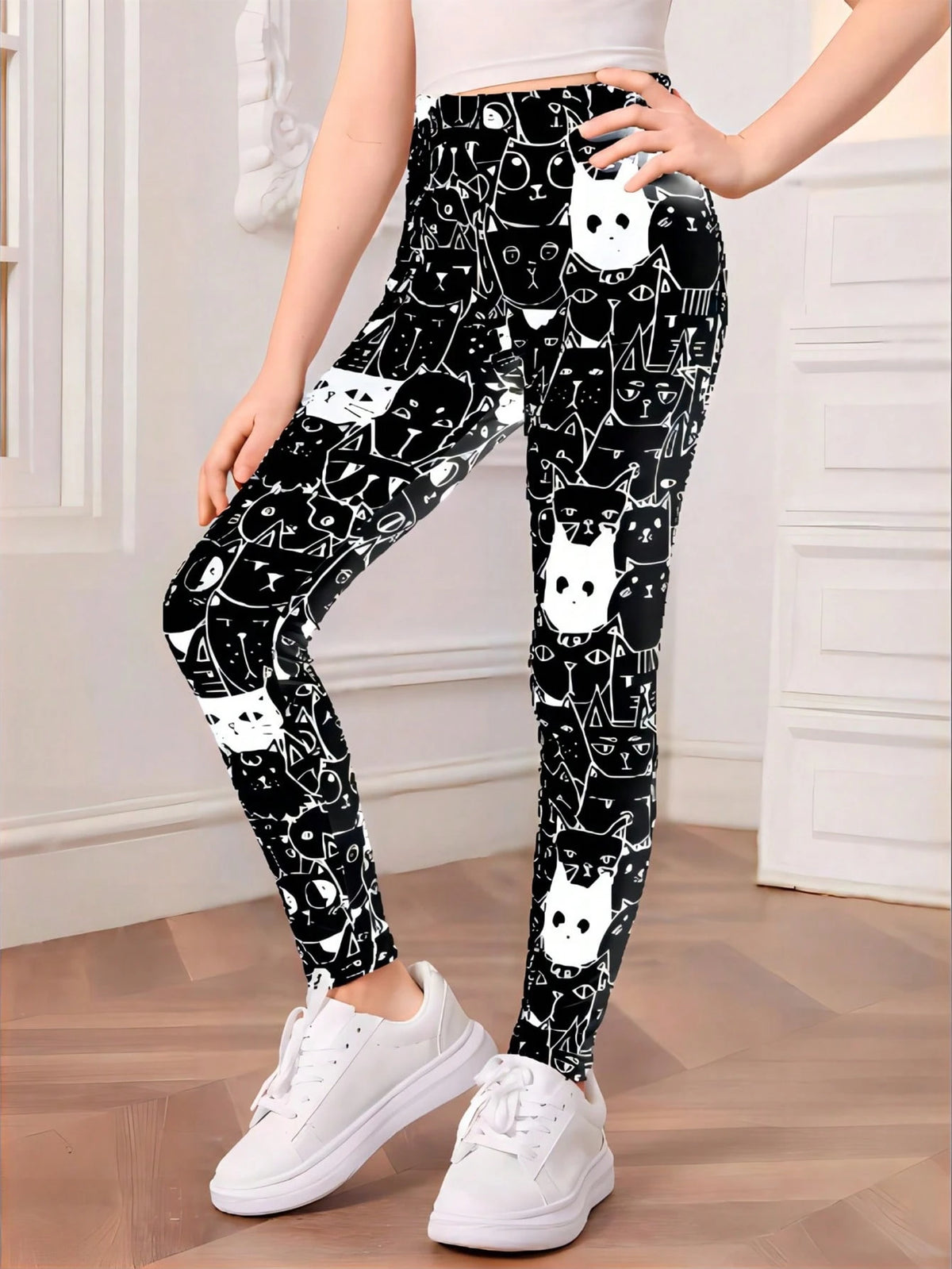 1Pc Girls Cartoon Cat Print Black & White Leggings, Autumn/Winter