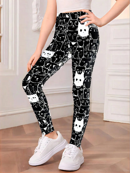 1Pc Girls Cartoon Cat Print Black & White Leggings, Autumn/Winter