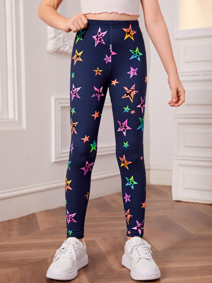 Tween Girl Comfortable Colorful Star Print Knitted Leggings, Tween