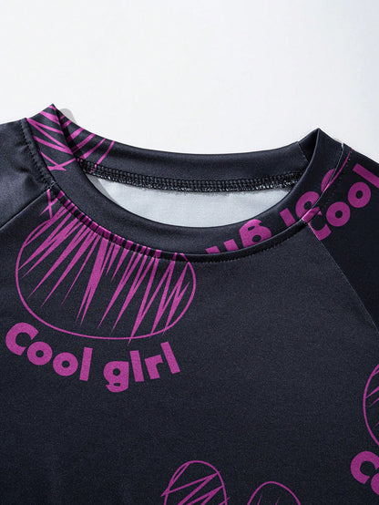 Tween Girl Cool Printed T-Shirt & Fashionable 3D Work Pants, Dark Pink