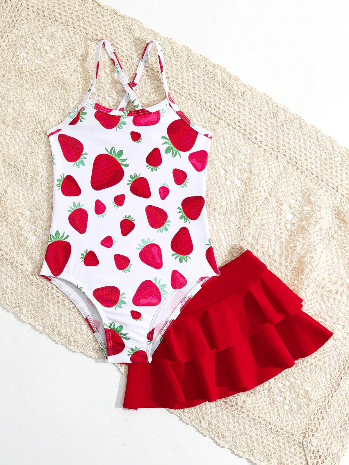 Young Girl One-Piece Swimsuit Set with Skirt, Cute Strawberry Print, Adjustable Shoulder Strap, Beach Summer Summer Holiday